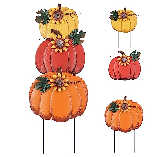 PHITRIC Fall Decorations for Home Outdoor, Decorative Garden Stakes with 3 Pumpkins for Fall Decor, Metal Yard Signs for Outside Garden Yard Lawn Porch Lawn Thanksgiving Decorations