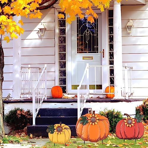 PHITRIC Fall Decorations for Home Outdoor, Decorative Garden Stakes with 3 Pumpkins for Fall Decor, Metal Yard Signs for Outside Garden Yard Lawn Porch Lawn Thanksgiving Decorations