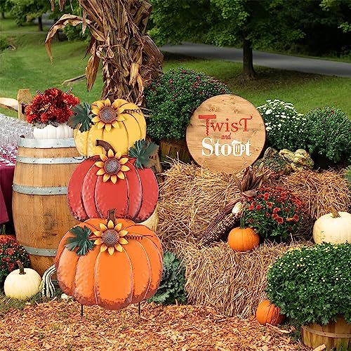 PHITRIC Fall Decorations for Home Outdoor, Decorative Garden Stakes with 3 Pumpkins for Fall Decor, Metal Yard Signs for Outside Garden Yard Lawn Porch Lawn Thanksgiving Decorations