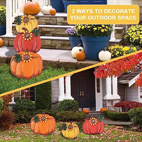 PHITRIC Fall Decorations for Home Outdoor, Decorative Garden Stakes with 3 Pumpkins for Fall Decor, Metal Yard Signs for Outside Garden Yard Lawn Porch Lawn Thanksgiving Decorations