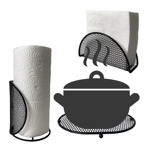 Countertop Paper Towel Holder Set with Table Napkin Holder and Trivet Mat for Hot Pots and Pans, Decorative Cast Iron Towel Stand for Kitchen Counter, Home Decoration Kitchen Accessories