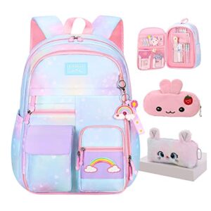 Jcobvig Kawaii Backpack For Girls Kids,Cute Student School Backpack With Pen Bag,Blue Aesthetic Starry Rainbow Laptop Travel Bag (Blue Large 17.5in