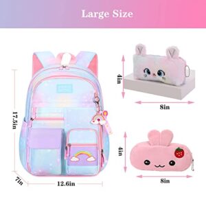 Jcobvig Kawaii Backpack For Girls Kids,Cute Student School Backpack With Pen Bag,Blue Aesthetic Starry Rainbow Laptop Travel Bag (Blue Large 17.5in