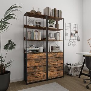 VASICAR 4-Tier Tall Bookshelf with 4 Drawers, Multifunctional Open Bookcase, Storage Shelf Dresser for Living Room, Office, Bedroom, Kitchen, Free Drawer Divider (Rustic Brown)