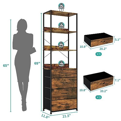 VASICAR 4-Tier Tall Bookshelf with 4 Drawers, Multifunctional Open Bookcase, Storage Shelf Dresser for Living Room, Office, Bedroom, Kitchen, Free Drawer Divider (Rustic Brown)