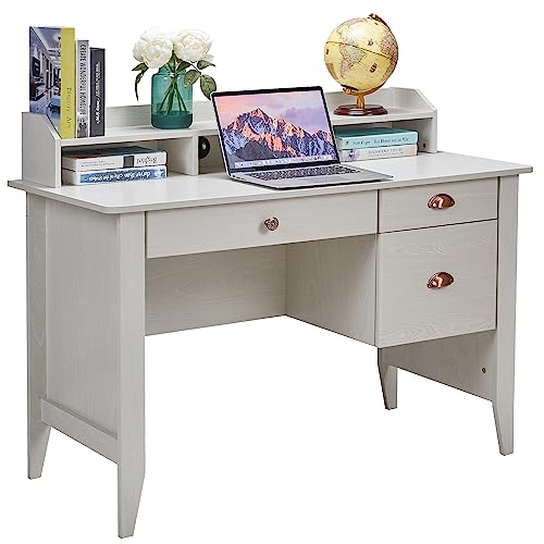 ITUSUT Computer Desk with Drawers and USB Charging Port, Home Office Desk with Hutch and File Drawer, Writing Study Table Executive Desk PC Desk Workstation for Bedroom, Oak White