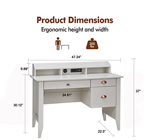 ITUSUT Computer Desk with Drawers and USB Charging Port, Home Office Desk with Hutch and File Drawer, Writing Study Table Executive Desk PC Desk Workstation for Bedroom, Oak White