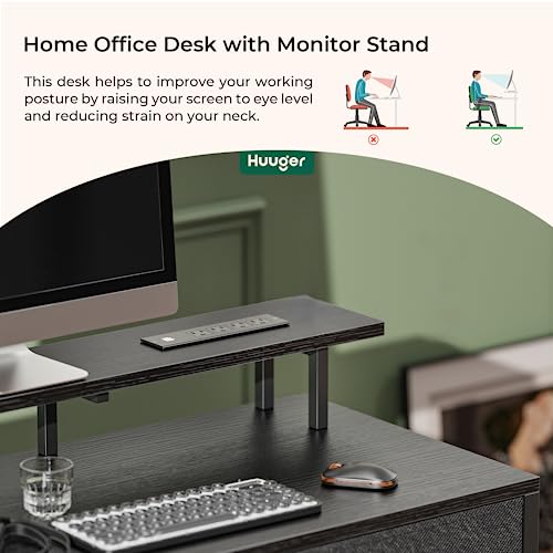 Huuger 47 inch Computer Desk with 3 Drawers, Office Desk Gaming Desk with LED Lights & Power Outlets, Home Office Desks with Storage Space for Bedroom, Work from Home, Black