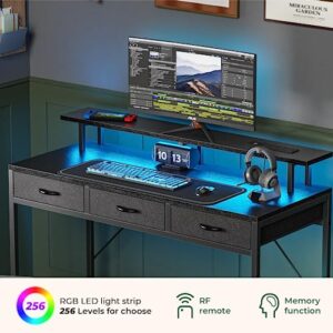 Huuger 47 inch Computer Desk with 3 Drawers, Office Desk Gaming Desk with LED Lights & Power Outlets, Home Office Desks with Storage Space for Bedroom, Work from Home, Black