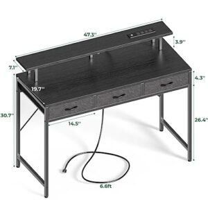 Huuger 47 inch Computer Desk with 3 Drawers, Office Desk Gaming Desk with LED Lights & Power Outlets, Home Office Desks with Storage Space for Bedroom, Work from Home, Black