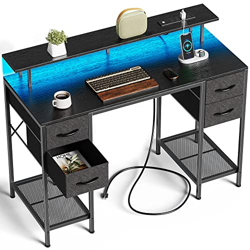 Huuger 47 inch Computer Desk with 4 Drawers, Gaming Desk with LED Lights & Power Outlets, Home Office Desk with Large Storage Space for Bedroom, Work from Home, Black