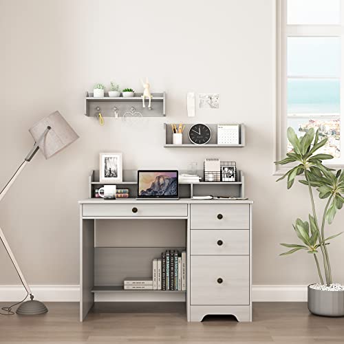 ITUSUT Computer Desk with 4 Drawers and Hutch, Home Office Desk with Wide Tabletop and File Drawer, Wood Executive Desk Writing Study Table PC Desk for Bedroom, Oak White