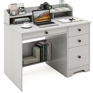 itusut computer desk with 4 drawers and hutch, home office desk with wide tabletop and file drawer, wood executive desk writing study table pc desk for bedroom, oak white