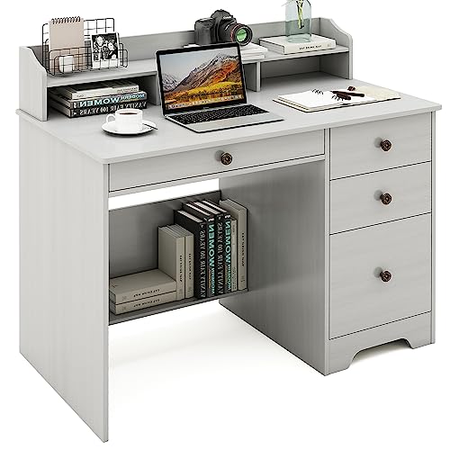 ITUSUT Computer Desk with 4 Drawers and Hutch, Home Office Desk with Wide Tabletop and File Drawer, Wood Executive Desk Writing Study Table PC Desk for Bedroom, Oak White