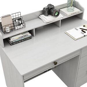 ITUSUT Computer Desk with 4 Drawers and Hutch, Home Office Desk with Wide Tabletop and File Drawer, Wood Executive Desk Writing Study Table PC Desk for Bedroom, Oak White