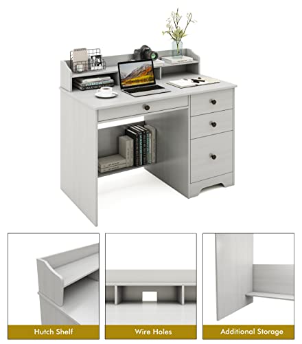 ITUSUT Computer Desk with 4 Drawers and Hutch, Home Office Desk with Wide Tabletop and File Drawer, Wood Executive Desk Writing Study Table PC Desk for Bedroom, Oak White