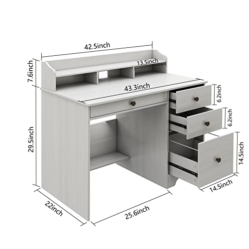 ITUSUT Computer Desk with 4 Drawers and Hutch, Home Office Desk with Wide Tabletop and File Drawer, Wood Executive Desk Writing Study Table PC Desk for Bedroom, Oak White