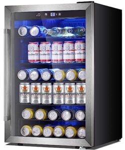 joy pebble mini fridge beverage cooler - 128 can mini fridge with glass door for soda beer or wine -drink dispenser small refrigerator with adjustable thermostat for office home (4.4 cu.ft)