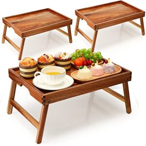 3 pcs acacia bed table tray with folding legs and handles wooden breakfast tray lap snack serving tray wood laptop desk for eating drawing working studying dinner bedroom sofa couch kids adults