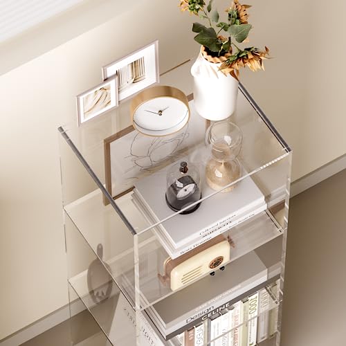invisibiliter Acrylic Bookcase, 3 Tier Clear Floor Standing Bookshelf, 31.5 inch Tall Display Cube Storage Shelf Home Decor Furniture for Home, Office, Living Room, Bedroom