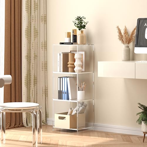 invisibiliter Acrylic Bookcase, 3 Tier Clear Floor Standing Bookshelf, 31.5 inch Tall Display Cube Storage Shelf Home Decor Furniture for Home, Office, Living Room, Bedroom