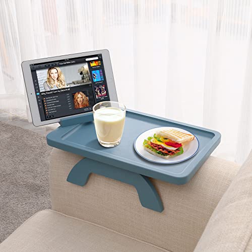 SINWANT Sofa Arm Clip on Tray Table,Bamboo Couch Table for Wide Side Table, Armrest with 360° Phone Holder,Portable TV Table,Sofa Eating and Drink Blue