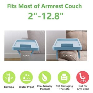 SINWANT Sofa Arm Clip on Tray Table,Bamboo Couch Table for Wide Side Table, Armrest with 360° Phone Holder,Portable TV Table,Sofa Eating and Drink Blue