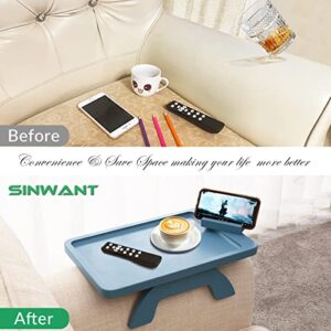 SINWANT Sofa Arm Clip on Tray Table,Bamboo Couch Table for Wide Side Table, Armrest with 360° Phone Holder,Portable TV Table,Sofa Eating and Drink Blue