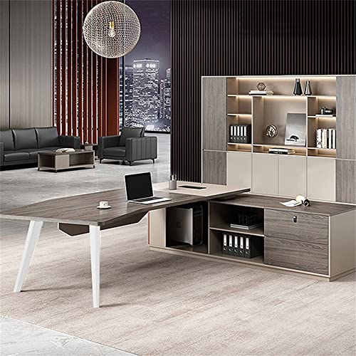 LITFAD L-Shape Executive Desk Artificial Wood Office Desk Cable Management Modern Simple Boss Table Computer Desk - Right Side Cabinet 71" L x 63" W x 29.5" H Without Chairs