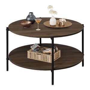 wlive round coffee table, living room table with 2-tier storage shelf,32in wood modern coffee table with metal frame and wood desktop,easy assembly，brown walnut.