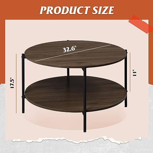 WLIVE Round Coffee Table, Living Room Table with 2-Tier Storage Shelf,32in Wood Modern Coffee Table with Metal Frame and Wood Desktop,Easy Assembly，Brown Walnut.