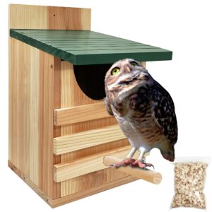 prolee screech owl house hand made, 100% cedar wood owl box with mounting screws and a bag of wood shavings, easy assembly required (with bird stand)