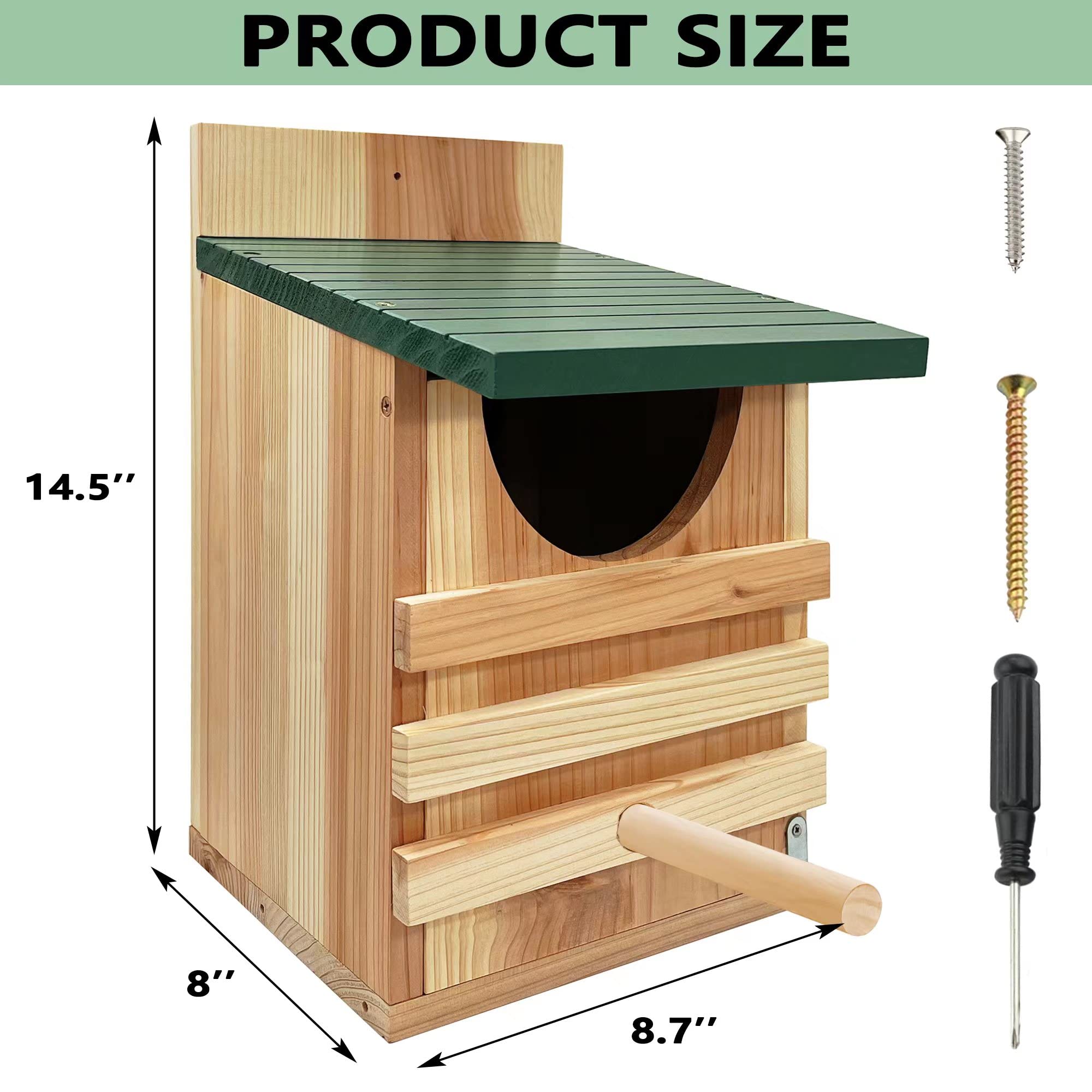 Prolee Screech Owl House Hand Made, 100% Cedar Wood Owl Box with Mounting Screws and A Bag of Wood Shavings, Easy Assembly Required (with Bird Stand)