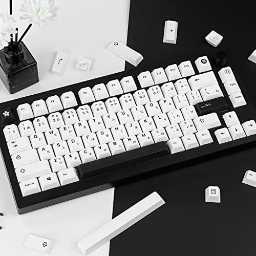 JOLINTAL 128 Keys Black and White Japanese Keycaps, PBT Material Cherry Keycaps, Thermal Sublimation Solid Color Not Easy to Wear Keycaps for Mechanical Keyboard Game Keyboard