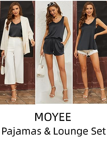 MOYEE Women Silk Pajama Set Soft Satin V Neck Tank Top and Shorts 2 Piece lounge Sets with Pockets(Black, Large)