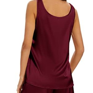 MOYEE Women Silk Pajama Set Soft Satin V Neck Tank Top and Shorts 2 Piece lounge Sets with Pockets(Wine Red, Large)