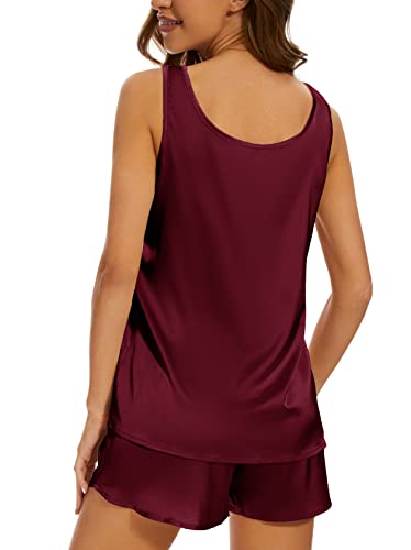 MOYEE Women Silk Pajama Set Soft Satin V Neck Tank Top and Shorts 2 Piece lounge Sets with Pockets(Wine Red, Large)