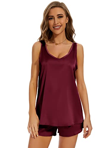 MOYEE Women Silk Pajama Set Soft Satin V Neck Tank Top and Shorts 2 Piece lounge Sets with Pockets(Wine Red, Large)