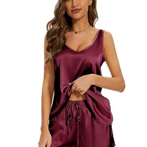 MOYEE Women Silk Pajama Set Soft Satin V Neck Tank Top and Shorts 2 Piece lounge Sets with Pockets(Wine Red, Large)