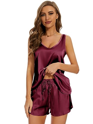 MOYEE Women Silk Pajama Set Soft Satin V Neck Tank Top and Shorts 2 Piece lounge Sets with Pockets(Wine Red, Large)