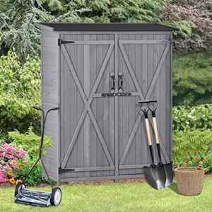 outdoor storage shed with floor, wooden storage cabinet waterproof, garden tool shed with 3-tier shelves, outside vertical shed with 2 double doors, fir wood, 2 locks & handles (gray)