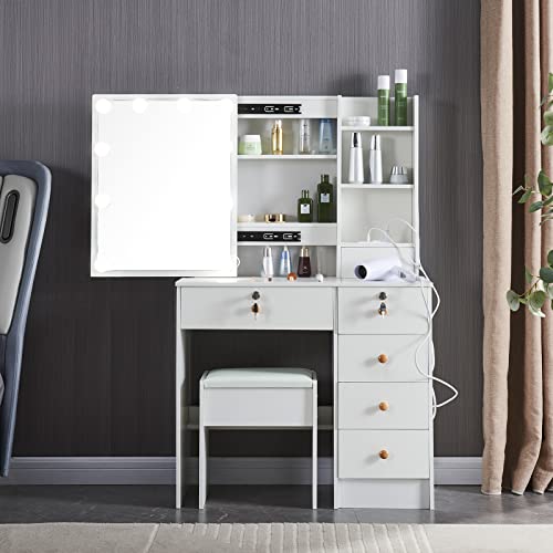 Xinhonglei Large Vanity Set with 10 LED Lights and Charging Station, Makeup Vanity Dressing Table with 5 Drawers, Vanity Table with Cushioned Stool, White Dresser for Bedroom