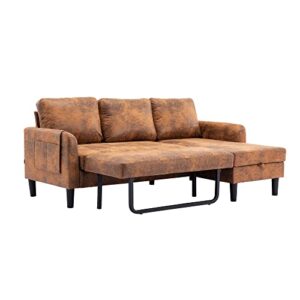 Eafurn Sectional Pull Out Bed, PU Leather Upholstered 3 Seats Sleeper Chaise Lounge w/Storage, Modern Design 72" L-Shaped Corner Sofa & Couches for Living Room, 50" D x 72.44" W x 31.5" H, Coffee