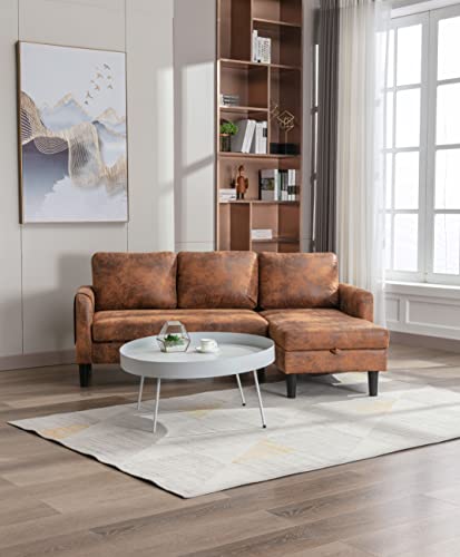 Eafurn Sectional Pull Out Bed, PU Leather Upholstered 3 Seats Sleeper Chaise Lounge w/Storage, Modern Design 72" L-Shaped Corner Sofa & Couches for Living Room, 50" D x 72.44" W x 31.5" H, Coffee