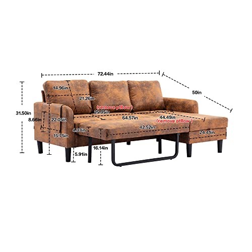 Eafurn Sectional Pull Out Bed, PU Leather Upholstered 3 Seats Sleeper Chaise Lounge w/Storage, Modern Design 72" L-Shaped Corner Sofa & Couches for Living Room, 50" D x 72.44" W x 31.5" H, Coffee