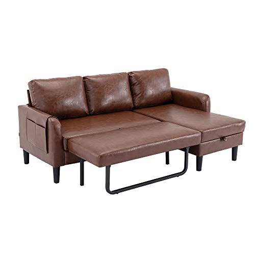 Eafurn Sectional Sofa with Pull Out Bed, PU Leather Upholstered 3 Seats Sleeper Couch and Chaise Lounge w/Storage, Modern Design 72" L-Shaped Corner Sofa & Couches for Living Room