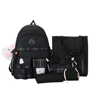 hcoole kawaii backpack 5pcs set with cute plush pendants & badge,19 gallon high capacity school bag cute aesthetic backpack