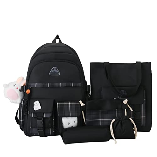 HCOOLE Kawaii Backpack 5Pcs Set with cute plush Pendants & Badge,19 gallon High capacity School Bag Cute Aesthetic Backpack