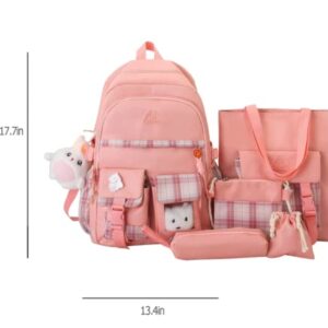 HCOOLE Kawaii Backpack 5Pcs Set with cute plush Pendants & Badge,19 gallon High capacity School Bag Cute Aesthetic Backpack