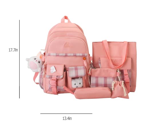 HCOOLE Kawaii Backpack 5Pcs Set with cute plush Pendants & Badge,19 gallon High capacity School Bag Cute Aesthetic Backpack